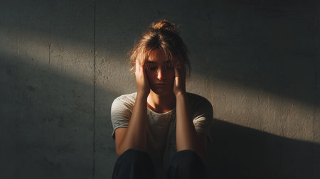 A distressed person sits alone in a dim room, holding their head in emotional strainの素材