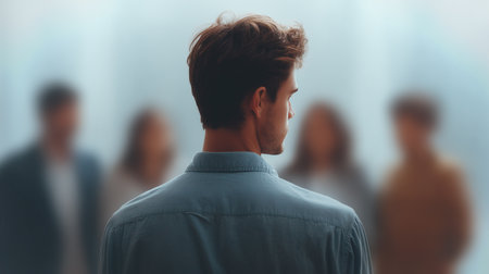 A person stands alone, back to a crowd, reflecting on shame and guiltの素材