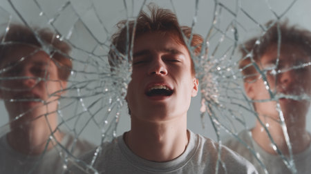 A person confronts their emotions, revealing feelings of shame and guilt amidst broken glassの素材