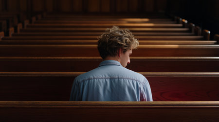 Individual sits alone in a church, reflecting on feelings of shame and emotional weightの素材