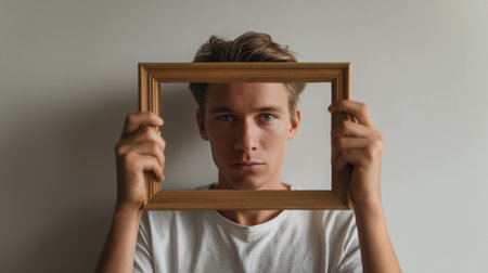 A person holds a wooden frame before their face, showing inner turmoil and emotional strainの素材