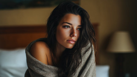 A person sits wrapped in a blanket, displaying deep emotions of shame and guilt in a serene roomの素材