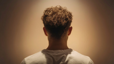 A person with curly hair stands with their back toward a softly lit wall, reflecting deep emotionsの素材