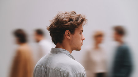 A young man stands alone, feeling emotions of shame and guilt while surrounded by othersの素材