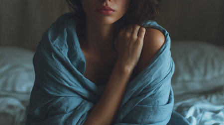 A person wrapped in a blue blanket quietly reflects on shame and guilt at nightの素材