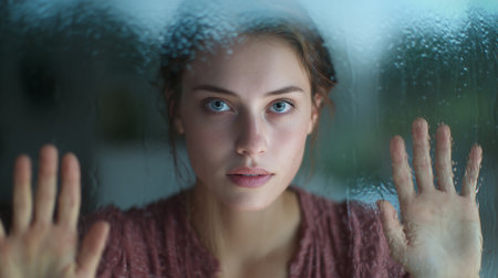 A person stands close to a foggy window, expressing deep emotional turmoil and introspectionの素材