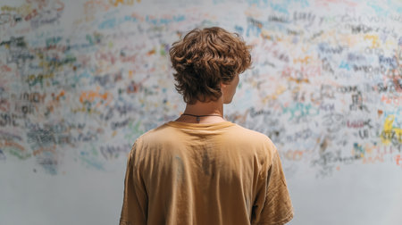 A person stands with their back to a colorful wall, contemplating deep feelings of burden and guiltの素材