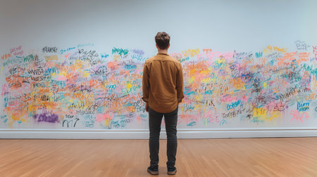 A person stands silently before a vibrant mural, reflecting on feelings of shame and guiltの素材