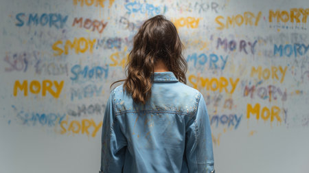 A person stands before a wall of shame, reflecting on deep emotional strugglesの素材