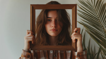 A young person holds a wooden frame in front of their face, expressing feelings of shame and guiltの素材