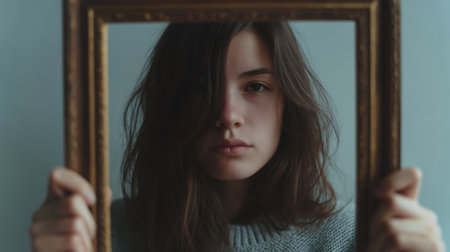 A person with long, dark hair holds a vintage frame, deep in emotional thoughtの素材