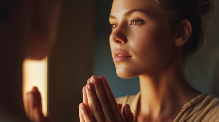 A person reflects on shame and guilt in a sunlit, serene settingの素材