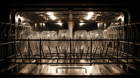 Glassware arranged neatly inside a dishwasher, illuminated by soft interior lighting at nightの素材