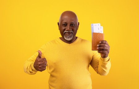 Senor black man holding international passport with airplane tickets and showing thumb up gesture on orange backgroundの写真素材
