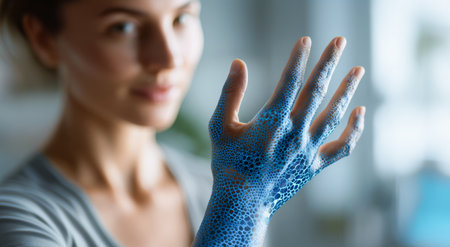 Futuristic biotech modification showcases smart nanopigments on human hand Generative AIの素材