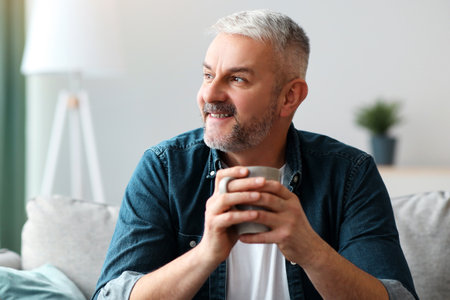 Relaxed senior man with mug looking at copy space