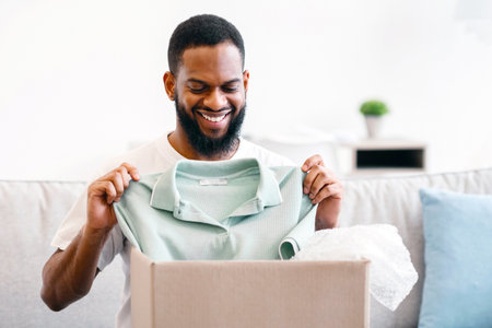 African Man Receiving Clothes Unpacking Box Holding T-Shirt At Homeの写真素材