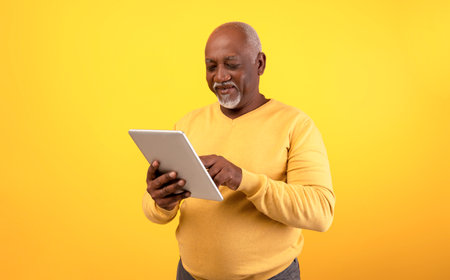 Positive elderly black man using digital tablet for freelancing job or studies on orange studio...