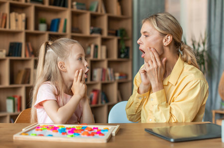 Professional woman speech therapist studying together with pretty little girl, learning practice...