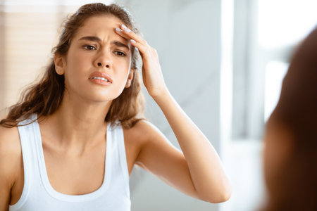 Concerned Woman Searching Wrinkles Looking At Forehead In Bathroom Indoorの写真素材