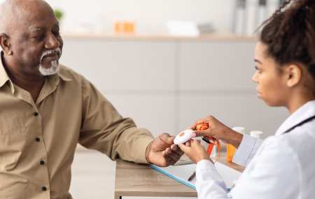 Emergency call system. Doctor giving Alarm Button to Senior Man
