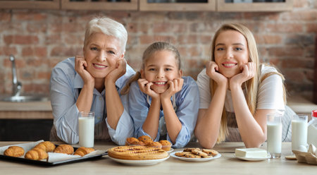 Happy loving family are preparing bakery togetherの写真素材