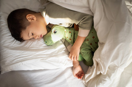 Happy cute tired little boy lies on white comfort bed with closed eyes, hugs toy dinosaur, sleeping in bedroomの写真素材