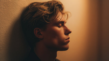 A person leans against a wall, eyes closed, deep in thought about their emotional strugglesの素材