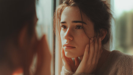 A person gazes out a window, reflecting deep emotional pressure and feelings of burden and guiltの素材