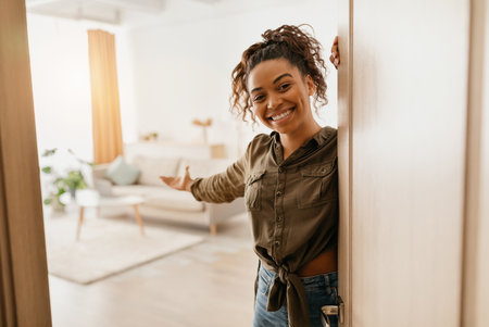 Happy Black Female Opening Door Showing Living Room At Homeの写真素材