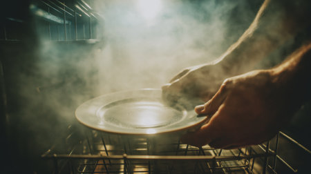 Steam envelops hands as a clean plate is lifted from the dishwasher in a warm kitchenの素材