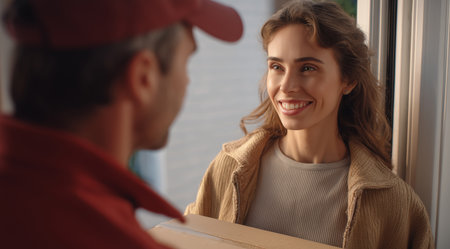 Delivery person hands parcel to smiling woman at home during daytime Generative AIの素材