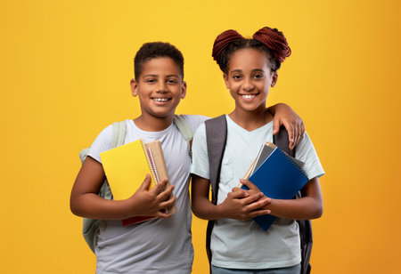 Cute african american boy and girl going to schoolの写真素材