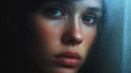 A person gazes through a fogged window, reflecting deep emotions of shame and guiltの素材
