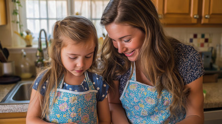 A mother teaches her daughter to cook in their bright kitchen, enjoying time togetherの素材