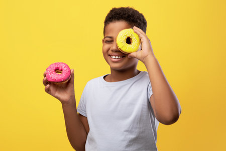 Playful afro-american kid posing with delicious donutsの写真素材