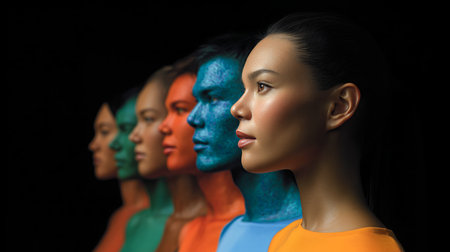 Futuristic biotechnology showcase featuring modified individuals with nanopigments Generative AIの素材