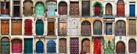 Collage of 36 colourful front doorsの写真素材