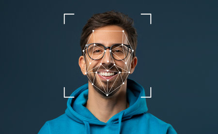 Man smiling while wearing glasses and a blue hoodie against a dark backgroundの写真素材