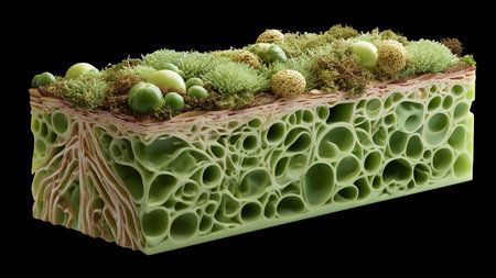 Sustainable construction is showcased through biocement bricks featuring vibrant living materialsの素材