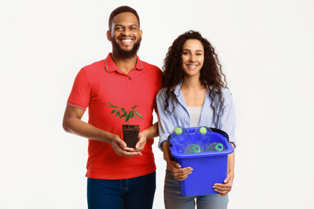 Couple Holding Plant And Plastic Bottles In Bucket, White Background