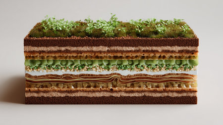 Innovative biocement bricks showcase a layered structure with growing grass and moss on topの素材