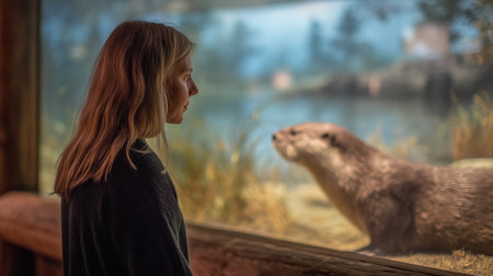 Visitors view extinct animal reconstructions in a glass display at an educational centerの素材