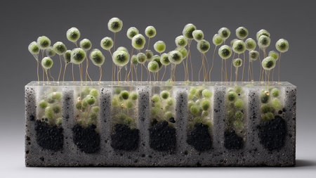 Biocement bricks designed for ecological growth feature thriving plants in structured settingsの素材