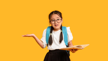 Confused Korean Schoolgirl Holding Book Shrugging Shoulders Over Yellow Backgroundの写真素材