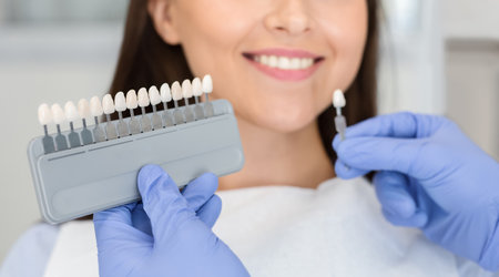 Doctor applying sample from tooth scale to smiling patient teeth