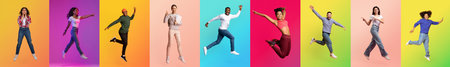 People jumping joyfully in a colorful collage celebrating diversity and fun