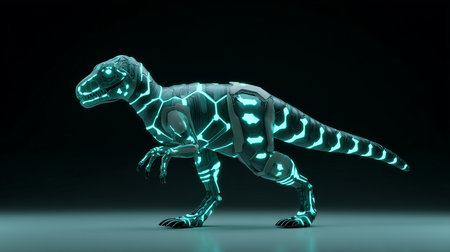 A robot dinosaur with glowing lines stands in a dark environment, showcasing advanced technologyの素材