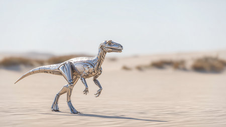A robotic dinosaur strolls across a sandy desert, showcasing advanced technology and designの素材