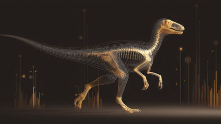 A robotic dinosaur featuring a sleek design, striking a dynamic pose amidst a digital backdropの素材